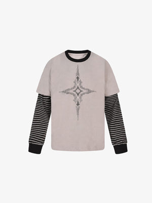 Layered T-Shirt mit gestreiften Ärmeln und Gothic-Stern-Print – Beige, Vorderansicht | XoKool