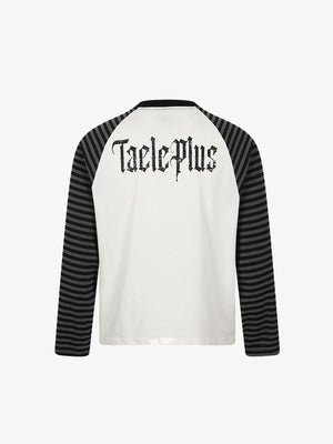 T-Shirt mit gestreiften Ärmeln und Gothic-Kreuz-Print – Weiß, Rückansicht | XoKool