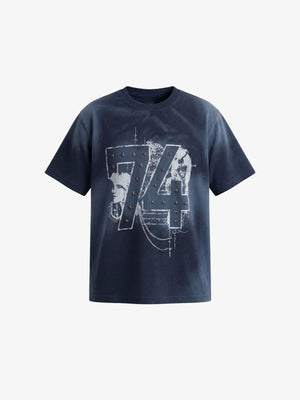 Genietetes T-Shirt mit Nummer 74 und Gradient Wash – Blau, Vorderansicht flach | XoKool