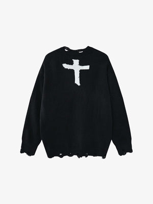 Suéter de punto desgastado con crucifijo y tachuelas – negro, vista trasera | XoKool