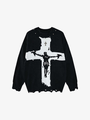 Suéter de punto desgastado con crucifijo y tachuelas – negro, vista frontal | XoKool