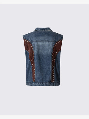 Chaleco vaquero con tachuelas y paneles efecto cuero – azul, vista trasera | XoKool