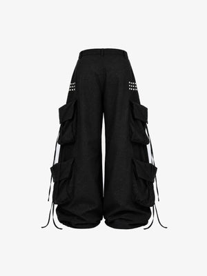 Studded Extra Baggy Cargo Pants – Black, back flat | XoKool