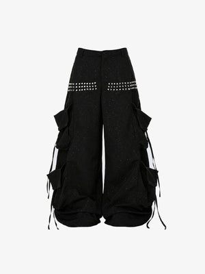 Studded Extra Baggy Cargo Pants – Black, front flat | XoKool