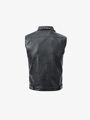 Chaleco biker de cuero sintético con tachuelas y cuello – negro, vista trasera | XoKool