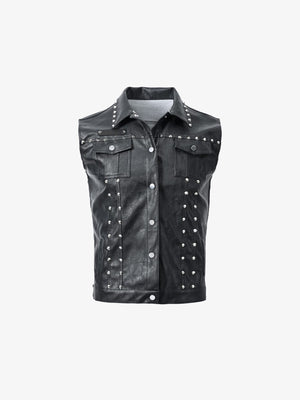 Chaleco biker de cuero sintético con tachuelas y cuello – negro, vista frontal | XoKool