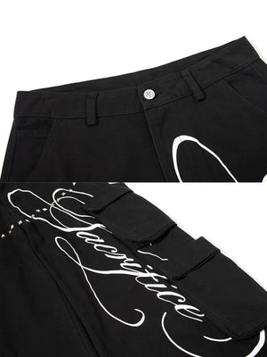 Studded cargo pants – Black, waistband and stud print close-up | XoKool
