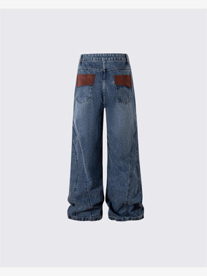 Wide Leg Jeans mit Nieten und braunen Taschenpanels – Rückseite flach ausgelegt | XoKool