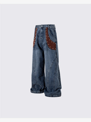Wide Leg Jeans mit Nieten und braunen Taschenpanels – Seitenansicht flach ausgelegt | XoKool