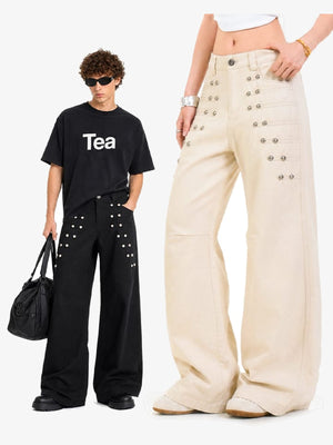 Studded Wide Leg Pants with Elastic Back – Black and Cream, on models, front | XoKool