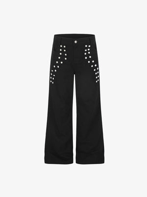 Studded Wide Leg Pants with Elastic Back – Black, front flat lay | XoKool