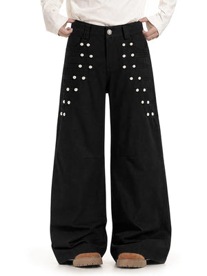 Studded wide leg pants – Black, on model, front | XoKool