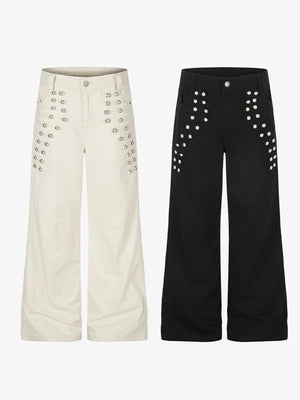 Studded wide leg pants – Cream and Black, front flat lay | XoKool