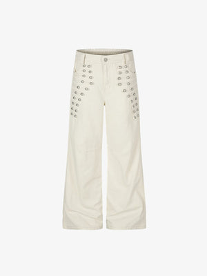 Studded Wide Leg Pants with Elastic Back – Cream, front flat lay | XoKool