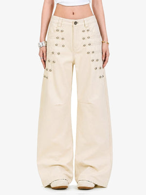 Studded wide leg pants – Cream, on model, front | XoKool
