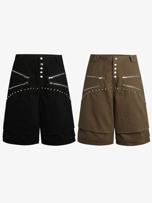 Shorts mit Nieten – Schwarz und Olivbraun, Vorderansicht flach | XoKool