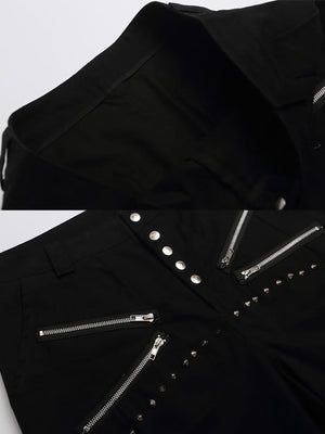 Shorts mit Nieten – Schwarz, Detail von Reißverschluss und Saum | XoKool