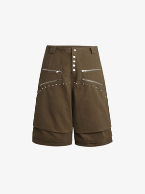 Wide Leg Shorts mit Nieten und Reißverschluss-Details – Olivbraun, Vorderansicht flach | XoKool