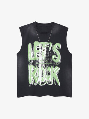 Washed Lets Rock Tanktop mit Dog Tag – Schwarz, Vorderansicht mit Kette | XoKool