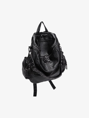 Washed Kunstleder-Rucksack mit Nieten – Schwarz, Dreiviertelansicht | XoKool