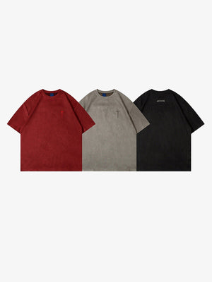 Suede-Look Embroidered T Shirt with Small Cross – Red, Taupe, Black, group | XoKool