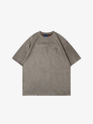 Suede-Look Embroidered T Shirt with Small Cross – Taupe, front view | XoKool