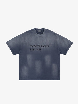 Sun Faded Boxy T-Shirt mit Textprint auf der Brust – Blau, Vorderseite flach | XoKool