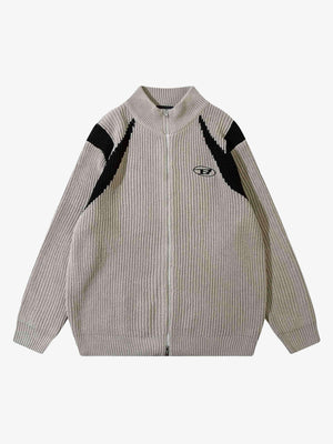 Colour-Block Rippstrick-Pullover mit durchgehendem Reißverschluss – Beige, Vorderansicht | XoKool