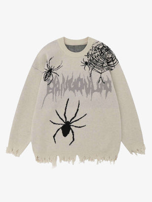 Distressed Spider Web Jacquard Sweater – Cream, front view | XoKool
