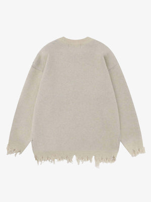 Distressed Spider Web Jacquard Sweater – Cream, back view | XoKool