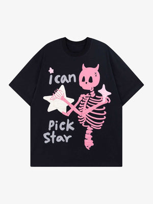 Camiseta gráfica con esqueleto diablo en puff print – Negro, vista frontal | XoKool