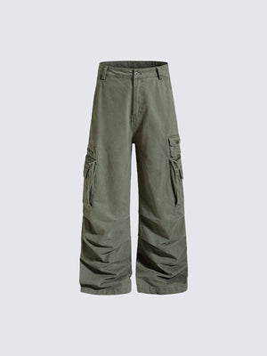 Tactical Wide Leg Cargohose mit Zip-Tasche – Oliv, Vorderseite flach | XoKool