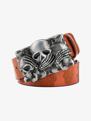 Totenkopf-Schnallengürtel – Hellbraun/Orange, Nahaufnahme der Schnalle | XoKool