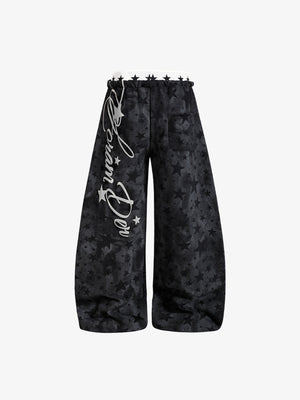Tonal Star Wide Leg Balloon Sweatpants – Black, front flat with script | XoKool