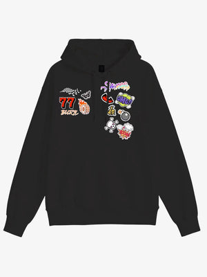 Black Graphic Hoodie with Sticker-Style Chest Art – Black, front view | XoKool