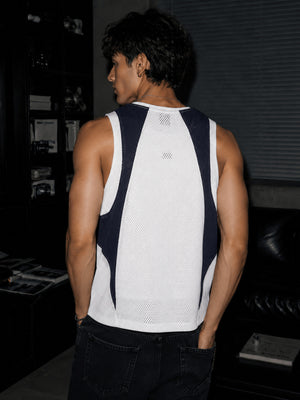 Mesh tank top – White/Navy, on model back | XoKool