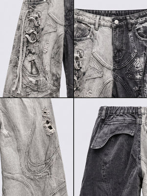 Zweifarbige Wide Leg Jeans – Detail-Collage: Nähte, Bund, Riss, Rückenbund | XoKool