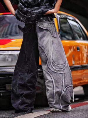 Zweifarbige Wide Leg Jeans mit geschwungenen Einsätzen – am Model, Rückansicht, Street | XoKool
