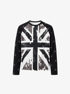 Union Jack Waffle Knit Raglan Long Sleeve Tee – White/black, front flat | XoKool