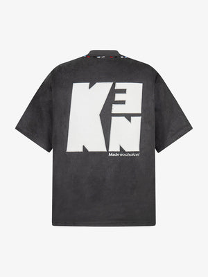 Faux Suede Mock Neck T-Shirt with Letter Patches – Back view | XoKool