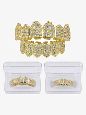 Iced Out Vampire Fang Grillz Top and Bottom Set – Gold, set with storage cases | XoKool