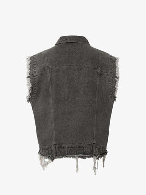Graue Jeansweste mit Strass-Schriftzug im College-Stil – Grau, Rückseite flach | XoKool