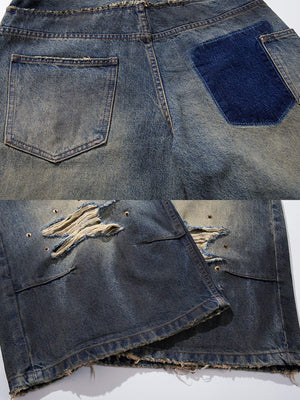 Ripped baggy jean shorts – back pocket and hem close-up | XoKool