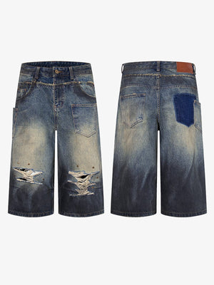 Ripped baggy jean shorts – front and back flat | XoKool
