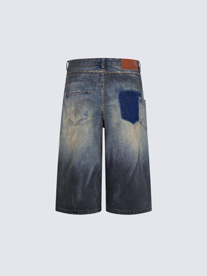 Vintage Blue Ripped Baggy Jean Shorts – Vintage Blue, back flat | XoKool