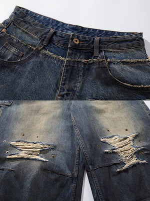Ripped baggy jean shorts – waist and ripped knee close-up | XoKool