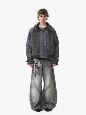 Washed Canvas Jacket with Faux Shearling Collar – on model, full body | XoKool