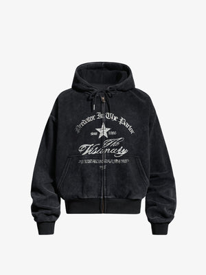 Vintage Lettering Washed Black Zip Up Hoodie – Washed black, front view | XoKool
