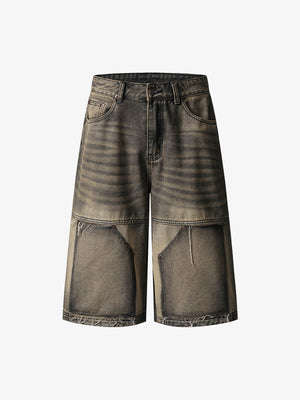 Long Patchwork Jorts with Raw Hem – Brown Wash, front view | XoKool