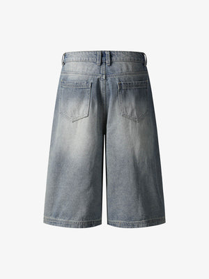 Long Patchwork Jorts with Raw Hem – Blue, back view | XoKool